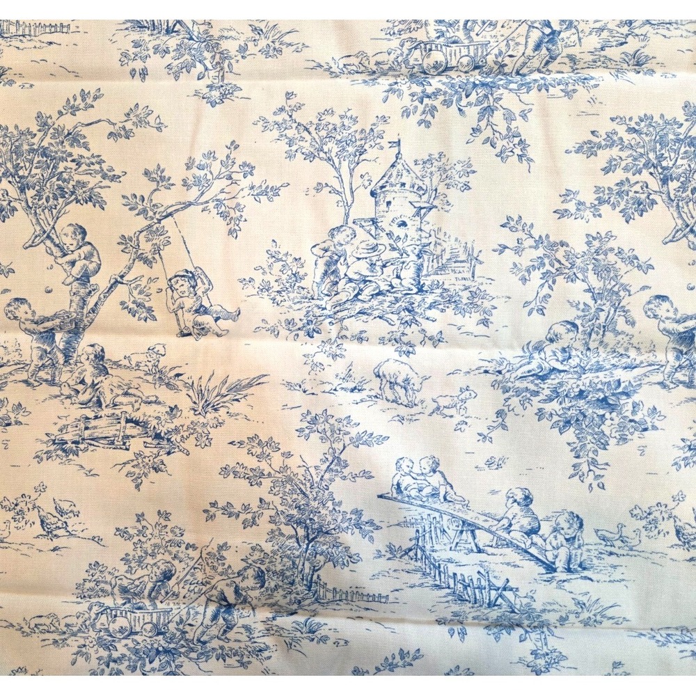 1.7 Yard Kaufmann Fabrics Cream Blue French Country Toile Playing Children 60x54
